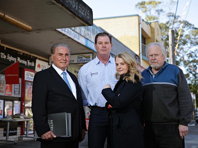 Rick Mitry from Mitry Lawyers, Mark Brakell from Advance Physiotherapy and Sports Injury Centre, Angela Vithoulkas, the leader of The Small Business Party, and Jim Fleming from Skyline Newsagency at Skyline shopping strip. Picture: Adam Yip