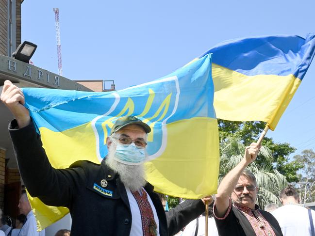 The Ukrainian-Australian community in Sydney gathered at St Andrews Church in Lidcombe to protest Russia’s war threat. Picture: NCA NewsWire / Jeremy Piper