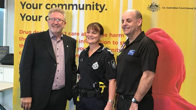 MP Michael Crandon, Senior Constable Tracey Clouston from the Queensland Police and Trevor O’Hara CEO of Crime Stoppers Queensland launch the national Dob in a dealer campaign.