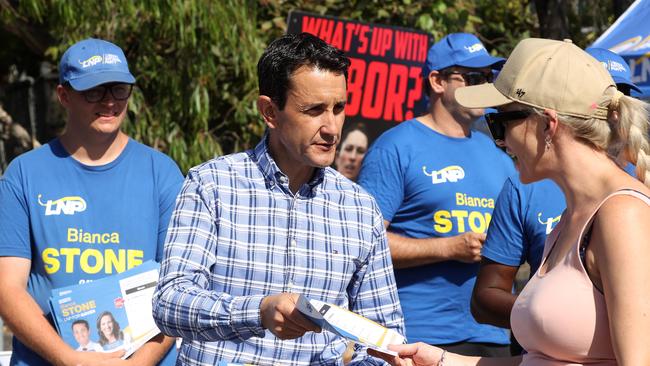 David Crisafulli handing out how to vote cards with Bianca Stone, LNP candidate for Gaven. Picture: Liam Kidston