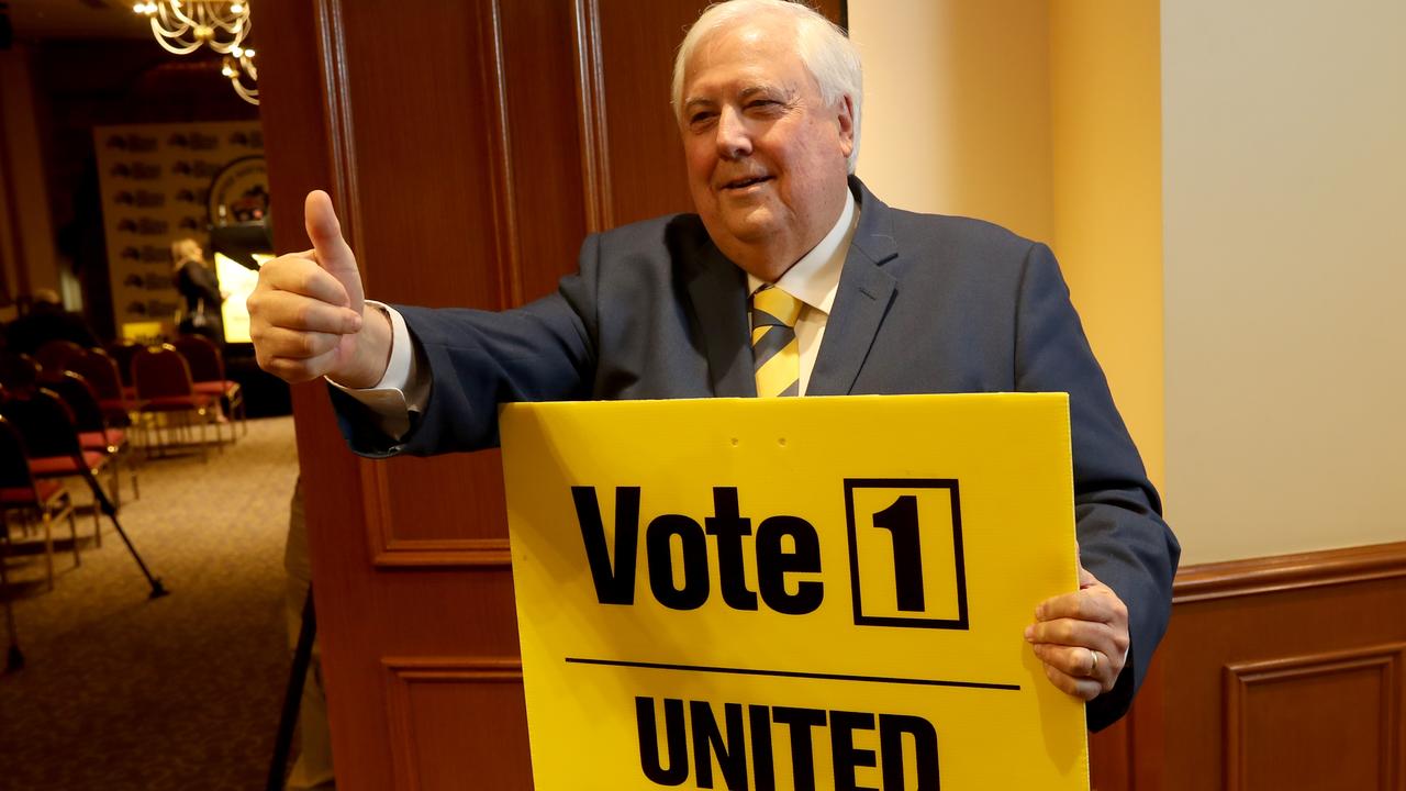 United Australia Party leader Clive Palmer at the Playford Hotel in Adelaide. Picture: Kelly Barnes/AAP