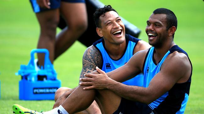 Israel Folau and Kurtley Beale during training today with the Waratahs at Moore Park after Kurtley signed a deal with London Wasps. Picture: Adam Taylor