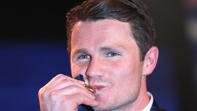 KISS IT GOODBYE: Whether he has enough votes or not in this year’s Brownlow Medal count, Geelong midfielder Patrick Dangerfield will not be taking a second “Chas” home to Mogg Creek this season. Picture: Wayne Ludbey.