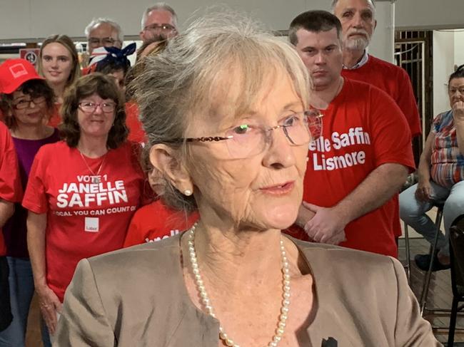 State MP for Lismore Janelle Saffin with her supporters celebrating at Lismore City Bowling Club as labor wins the seat of Lismore in the 2023 state election.