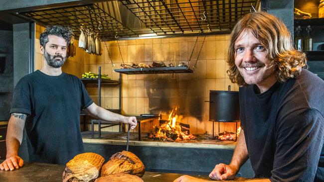 Ben Williamson and Tyron Simon at the Fortitude Valley restaurant Agnes, which will cook everything over a huge flaming pit. Picture: Richard Walker