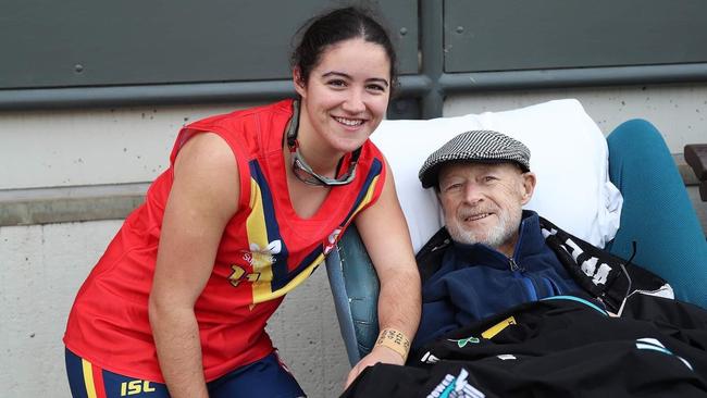 Teagan Usher with her dad John Usher after an SA under-18 football match against Northern Territory. Picture: Supplied by the family