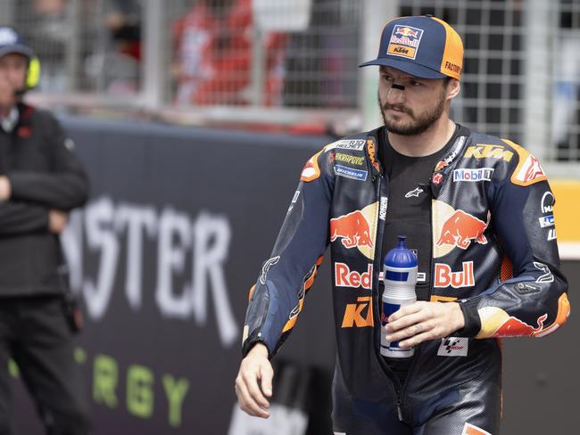 NORTHAMPTON, ENGLAND - AUGUST 03:  Jack Miller of Australia and Bull KTM Factory Racing arrives on grid and  prepares to start on the grid during the MotoGP Of Great Britain - Sprint at Silverstone Circuit on August 03, 2024 in Northampton, England. (Photo by Mirco Lazzari gp/Getty Images)