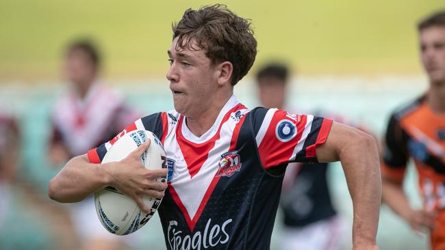 10/02/2024. News Local. Sport. Leichardt, Sydney, NSW, Australia.NSWRL Junior Reps, Harold Matthews Cup round two, Balmain Tigers vs Sydney Roosters at Leichhardt Oval, 10 February 2024Pic shows:Tigers player: Roosters player:  Rex Bassingthwaighte makes a blistering run from the backPicture: Julian Andrews