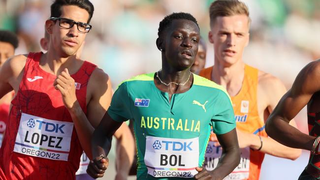 EUGENE, OREGON - JULY 21: Peter Bol of Team Australia competes in the Men's 800m Semi-Final on day seven of the World Athletics Championships Oregon22 at Hayward Field on July 21, 2022 in Eugene, Oregon. (Photo by Andy Lyons/Getty Images for World Athletics)