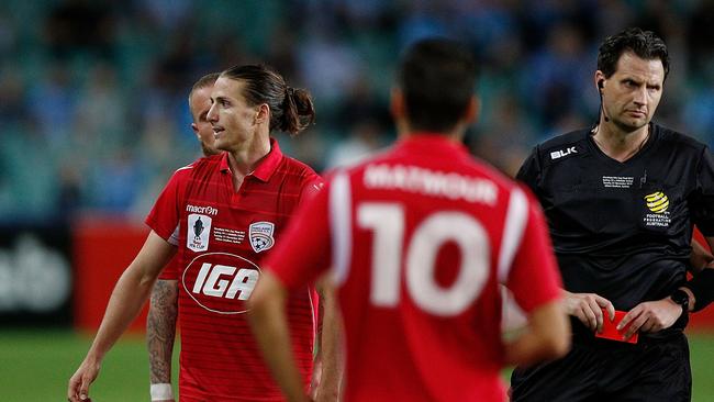 Michael Marrone is shown a red card after the incident in extra time on Tuesday night. Picture: Zak Kaczmarek/Getty Images