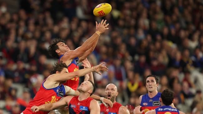 Cam Rayner attempts to take a mark during his memorable performance in Brisbane’s win over Melbourne. Picture: Robert Cianflone/Getty Images