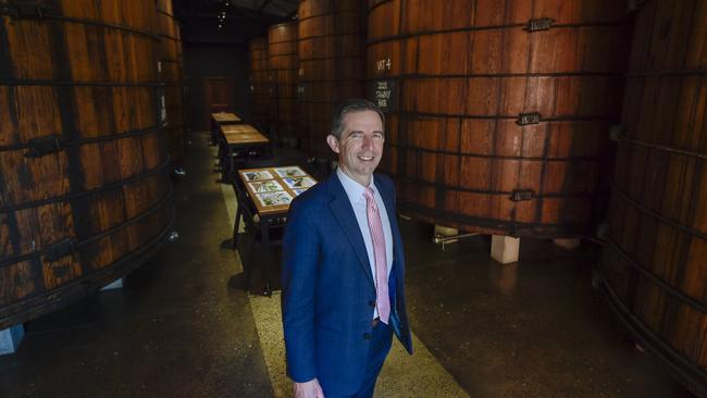 Finance Minister Simon Birmingham visiting local wine business Patritti to spruik the Coalition’s election pledge. Picture: Roy VanDerVegt