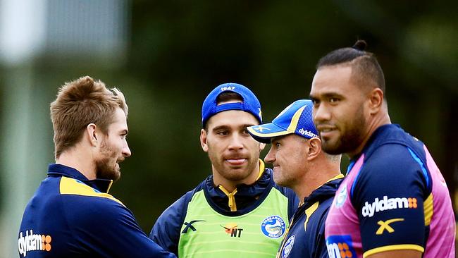 Kieran Foran, Corey Norman, coach Brad Arthur and Junior Paulo during a Parramatta Eels training session earlier this year. Picture: Mark Evans