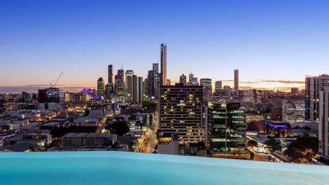 The view from one of the rooftop pools in the Chester &amp; Ella development in Newstead. Image supplied by Kokoda Property.