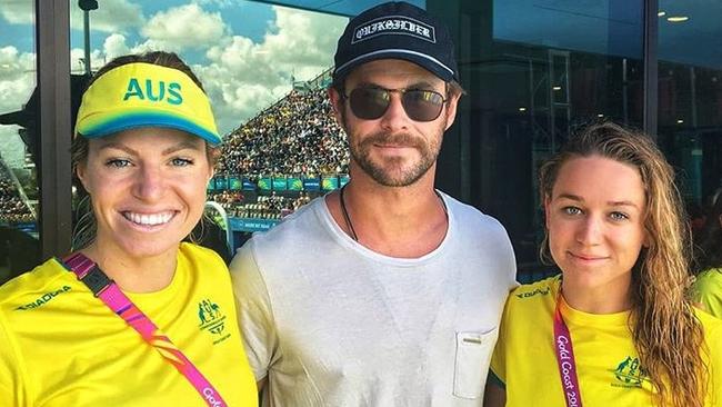 Australian swimmers Emily Seebohn and Tessa Wallace with Chris Hemsworth at the swimming. Commonwealth Games/Gold Coast 2018