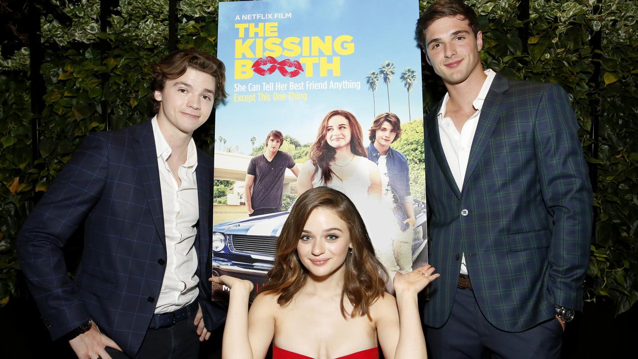 Jacob Elordi with The Kissing Booth co-stars Joey King and Joel Courtney. Picture: Rachel Murray/Getty Images