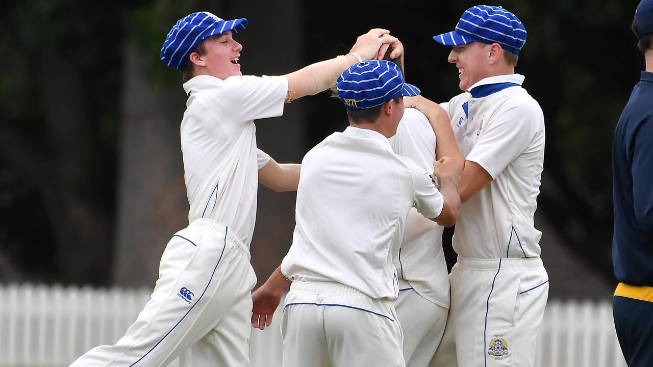 Nudgee celebrate a wicket. Picture, John Gass.