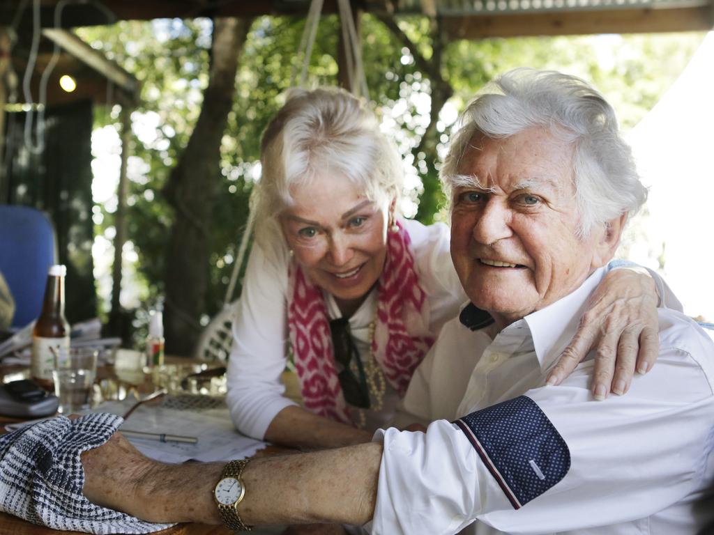 Former prime minister Bob Hawke and wife Blanche d'Alpuget backstage at the Woodford Folk Festival yesterday. Picture: Megan Slade/AAP