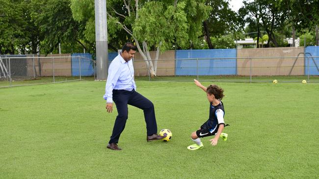 Minister Charls nutmegged a junior player during an attempted tackle. Picture: Darcy Fitzgerald