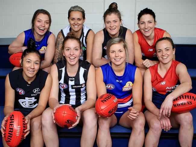 womens marquee players unveiled back row left to right Ellie Blackburn 21 Moana Hope 28 Brianna Davey 21 & Mel Hickey 31 / Front row left to right Darcy Vescio Emma King 22 23 Katie Brennan 23 & Daisy Pearce 28 Picture:Wayne Ludbey
