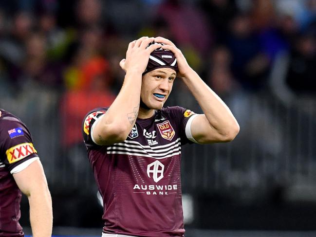 Kalyn Ponga is in grave doubt for Origin 1 with his groin injury worse than first feared. Picture: AAP Image/Darren England