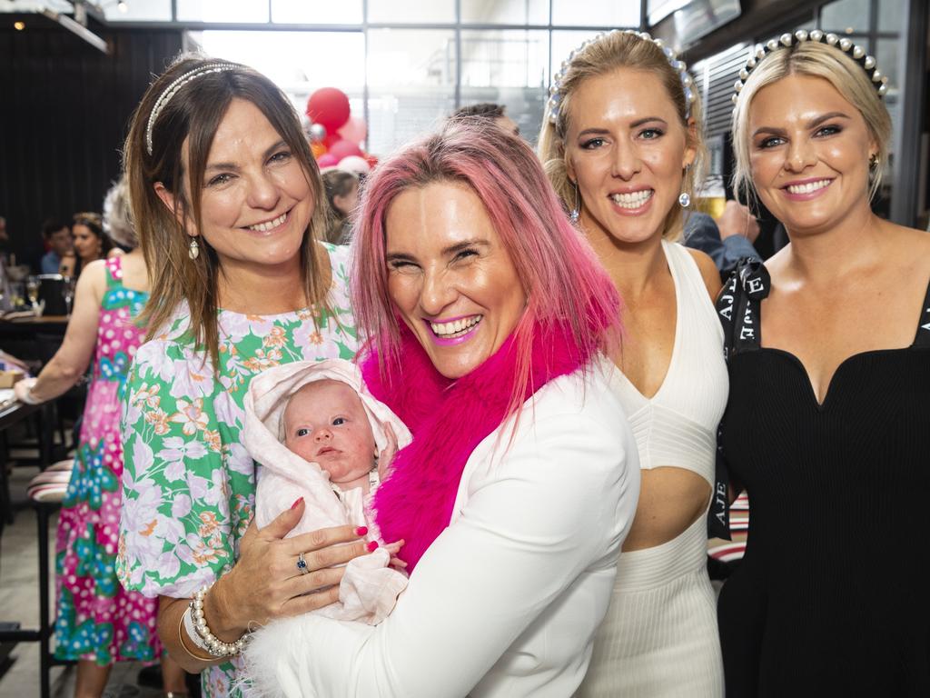 Marlene Potgieter holding baby Sailor Marshall with (back, from left) Jules Harwood, Danah Hillman and Lauren Athorn at the Melbourne Cup party at The Rock, Tuesday, November 1, 2022. Picture: Kevin Farmer