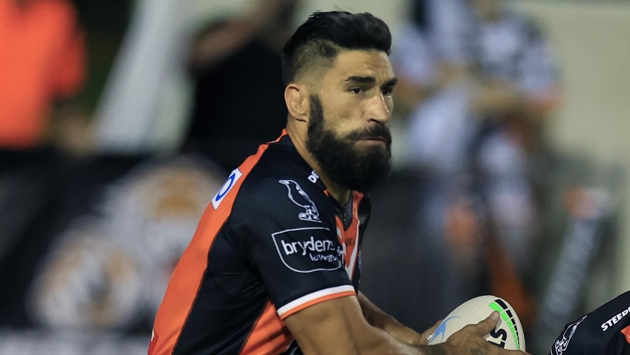 SYDNEY, AUSTRALIA - FEBRUARY 18: James Tamou of the Tigers runs the ball during the NRL Trial match between the Wests Tigers and the Manly Sea Eagles at Leichhardt Oval on February 18, 2022 in Sydney, Australia. (Photo by Mark Evans/Getty Images)