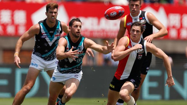 Travis Boak and Jack Steele compete during last year’s Shanghai game. Picture: Michael Willson/AFL Photos