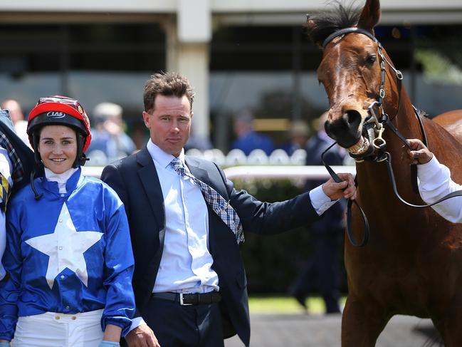 Sandown Races Race 4 Oti Doveton Stakes 1000 metres won No 3 Husson Eagle ridden by Michelle Payne. Michelle Payne with Brother Trainer Patrick Payne Picture:Wayne Ludbey