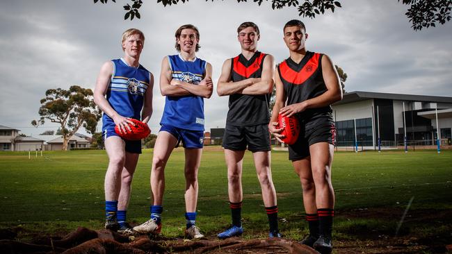 Will Day (second-left) with Sacred Heart teammate Beau McRae and Rostrevor duo Cameron Taheny and Stefan Lanzoni ahead of their college intercol. Picture: Matt Turner