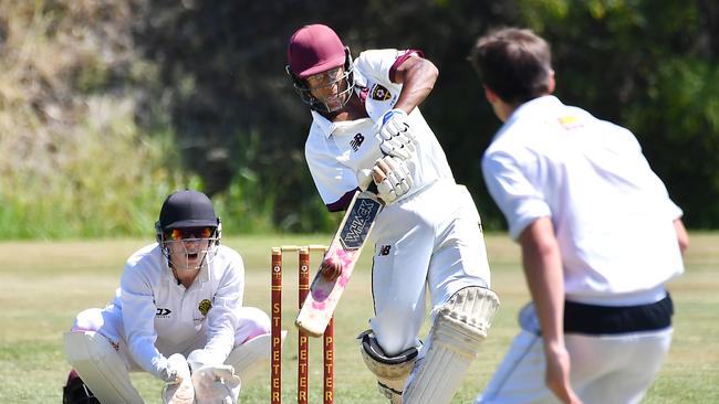 St Peters Lutheran College batsman Prabhas Bachu AIC First XI cricket between St Peters Lutheran College and St Laurence's College. Saturday February 11, 2023. Picture, John Gass