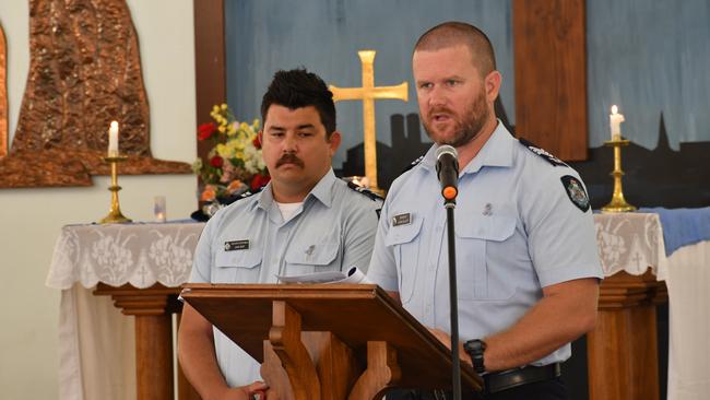 Senior Constable Jake Smit and Sergeant Chris Follett at the National Police Remembrance Day commemoration at the Ingham Holy Trinity Anglican Church in Hinchinbrook Shire on Friday. Picture: Cameron Bates