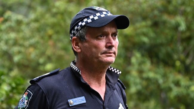 Senior Sergeant Ed Lukin addresses the media at the Mossman Gorge visitor centre on Friday afternoon. Picture Emily Barker.