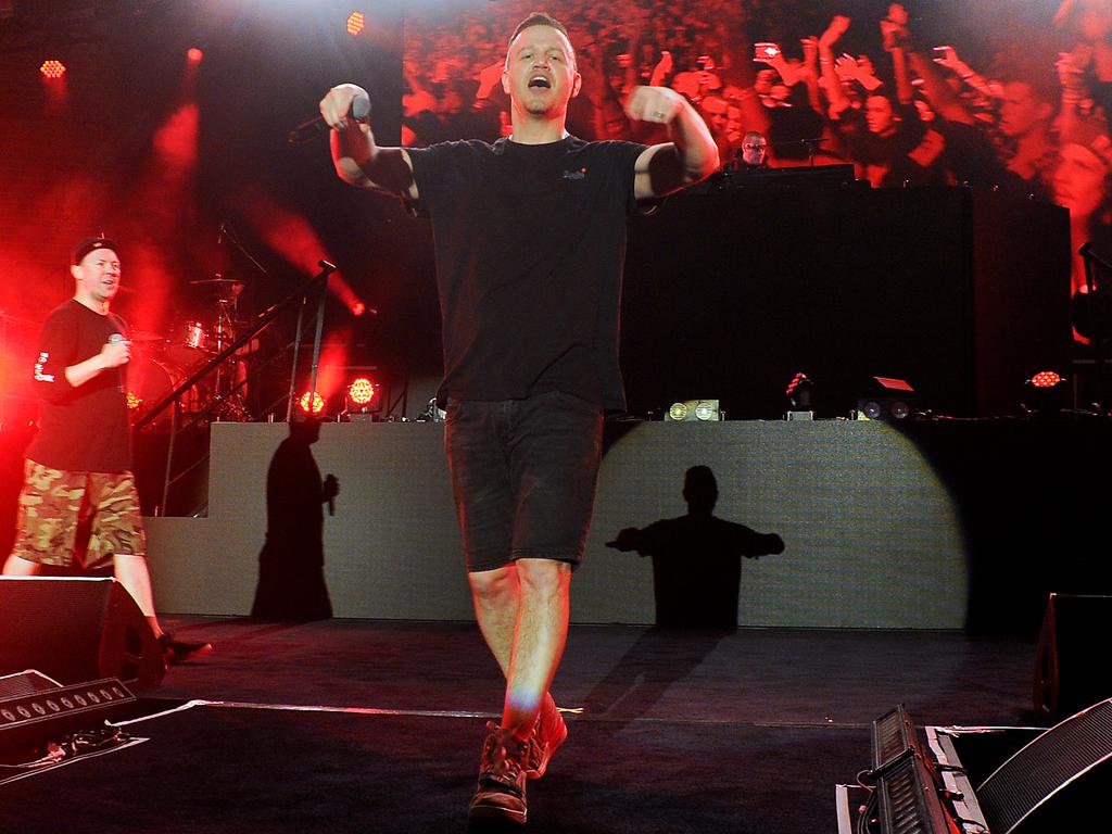 MC Pressure in action as Hilltop Hoods play Brisbane Riverstage on Friday, August 23, 2019. They play again Saturday. Picture: John Gass/AAP