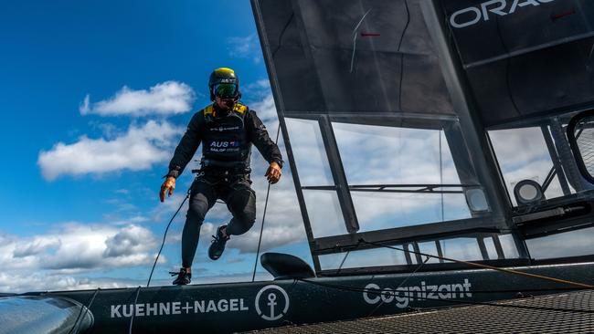 A member of the Australia SailGP Team helmed by Tom Slingsby warming up in the lead up to the Practice Fleet Races at Denmark SailGP, Event 4, Season 2 in Aarhus, Denmark 19 August 2021. Photo: Ricardo Pinto for SailGP. Handout image supplied by SailGP