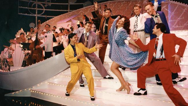 Rehearsing with male chorus line for musical theatre production 'Hot Shoe Shuffle' at Her Majesty's Theatre in 1993. (Pic: Chris Mangan)