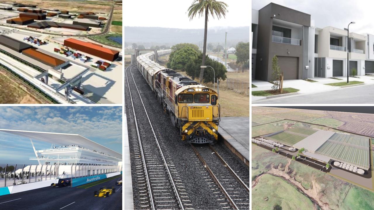 Upcoming projects in the Toowoomba region's pipeline (clockwise from top left) Interlink Sq, Inland Rail, Northgate Vista housing estate, Medibis cannabis project and the Wellcamp sport precinct.