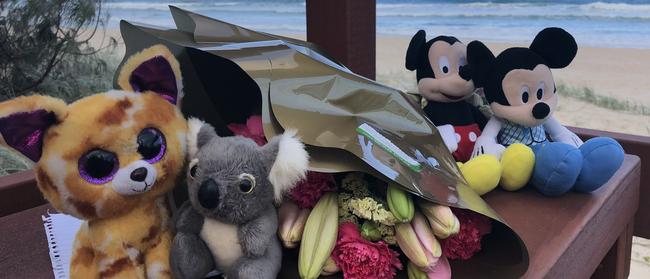 Flowers and teddies left at Surfers Paradise following the discovery of a nine-month-old baby's body. Picture: Glenn Hampson