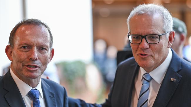 Tony Abbott and Scott Morrison. Picture: NCA NewsWire/Martin Ollman