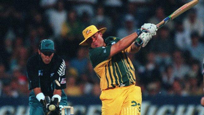 Shane Warne is bowled by Gavin Larsen under the retractable lights at Adelaide Oval in 1997.