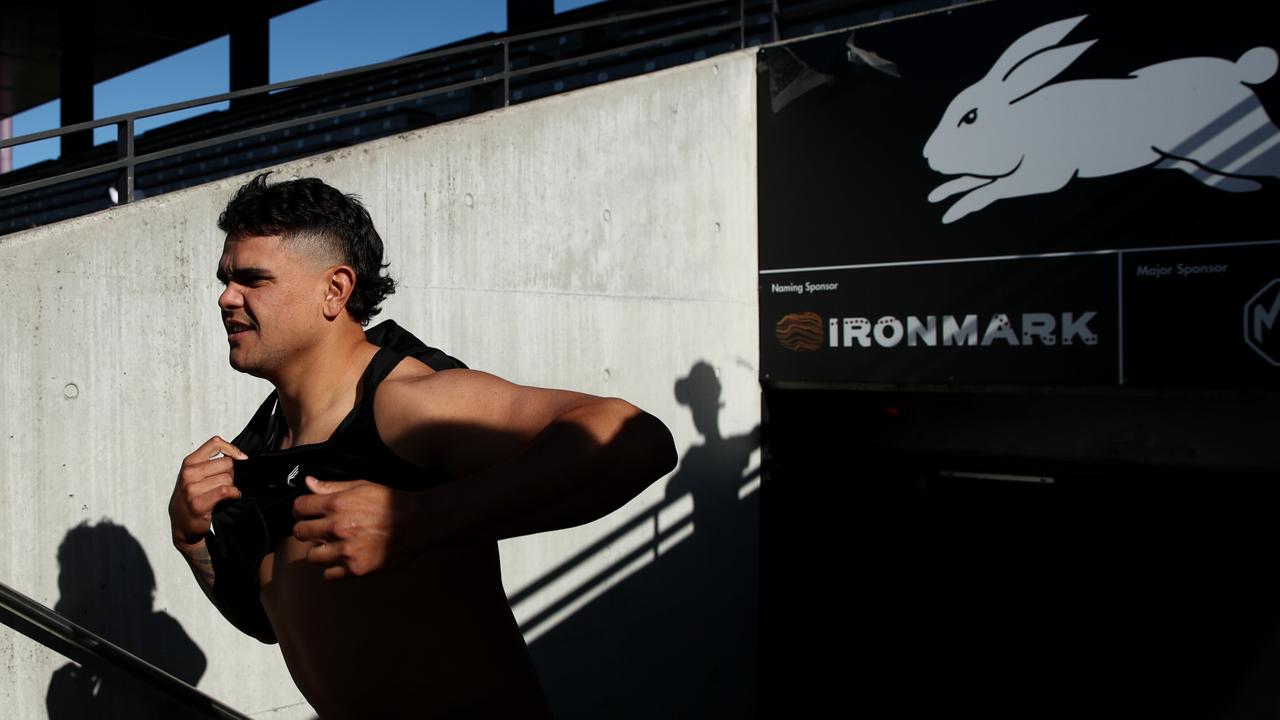 Latrell Mitchell was back at training for the Rabbitohs on Monday, after recovering from Covid. Picture: Getty Images.