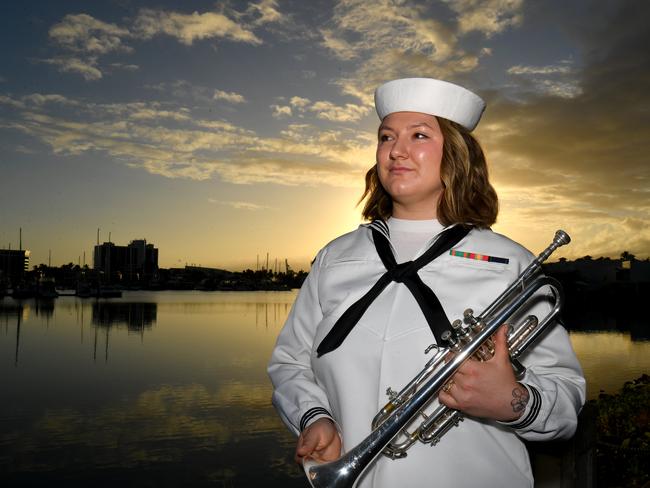 Dawn Service at Anzac Park for 83rd commemoration of Battle of Coral Sea. US Seventh Fleet Band member Musician 3rd Class Christina Taralson. Picture: Evan Morgan