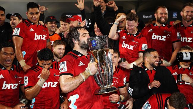 The Crusaders celebrate after winning the Super Rugby final in Christchurch.