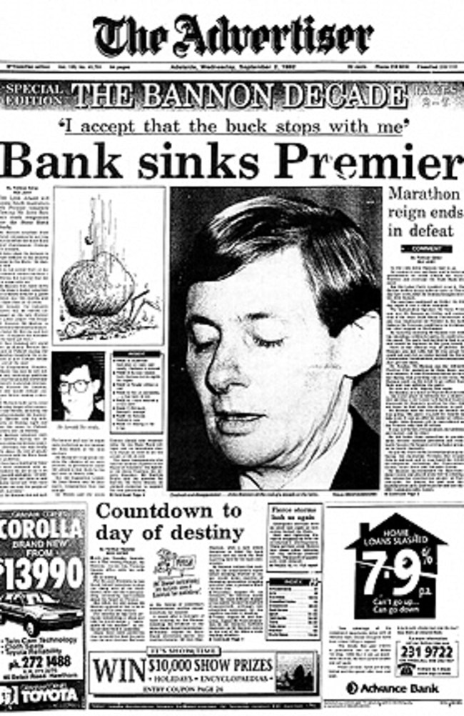 The Advertiser’s front page for September 2, 1992 reporting that the State Bank collapse had forced John Bannon to resign as premier.