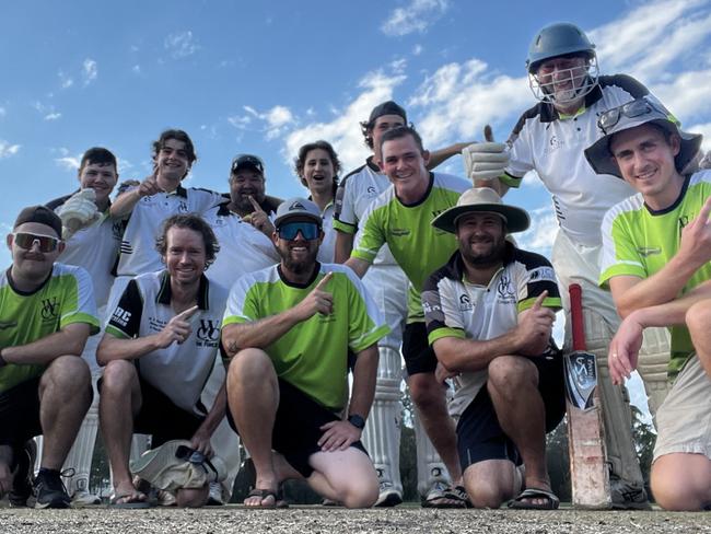 Wilberforce after winning second grade in 2022-23 in the Hawkesbury District Cricket Association , captain Chris Pound (front row, second from right in floppy hat) and Tom Kaal (front row, middle with sunglasses). Picture: Wilberforce Cricket Club