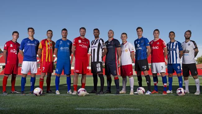 National Premier Leagues SA players, from left, Tyler Bailey (Para Hills), Louis D’Arrigo (Adelaide United), Chris Annicchiarico (Blue Eagles), Michael D’Alosio (MetroStars), Fausto Erba (Olympic), Iain Fyfe (Campbelltown), Marcos Flores (Adelaide City), Sam Carmichael (South Adelaide), Luke Klimek (Croydon), Allan Welsh (Comets), Adam van Dommele (Raiders) and Marcelo Carrusca (West Adelaide). Picture: Naomi Jellicoe 