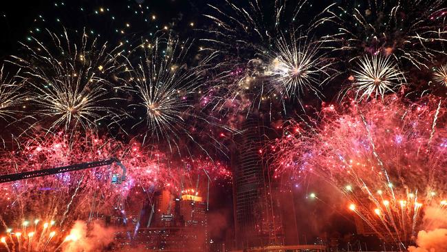 Fireworks fill the sky above Brisbane after the city was named host of the 2032 Olympics. Picture: AFP