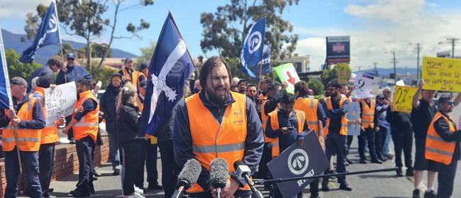 Rail, Bus and Tram Union official Byron Cubit speaks to the media during a stopwork action at Glenorchy on Friday November 8, 2024.