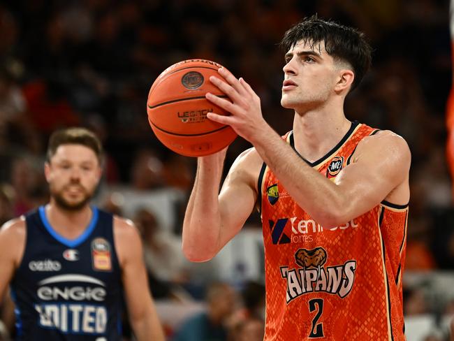 CAIRNS, AUSTRALIA - FEBRUARY 16: Taran Armstrong  of the Taipans  lines up a free throw during the round 20 NBL match between Cairns Taipans and Melbourne United at Cairns Convention Centre, on February 16, 2024, in Cairns, Australia. (Photo by Emily Barker/Getty Images)