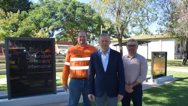 Labor Candidate for Capricornia Russell Robertson, Leader of the Opposition Anthony Albanese and Senator Murray Watt at Moranbah on July 12. Mr Albanese has rejected any suggestion of an alliance with the Greens. Senator Watt labelled Mr Bandt’s proposal ‘delusional.’